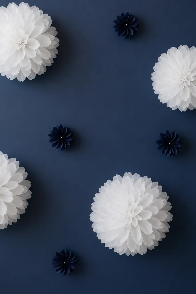 A navy-and-white wall where large white tissue flowers are paired with small navy starburst mini blooms. The arrangement has lots of negative space, and the centers are bright white.