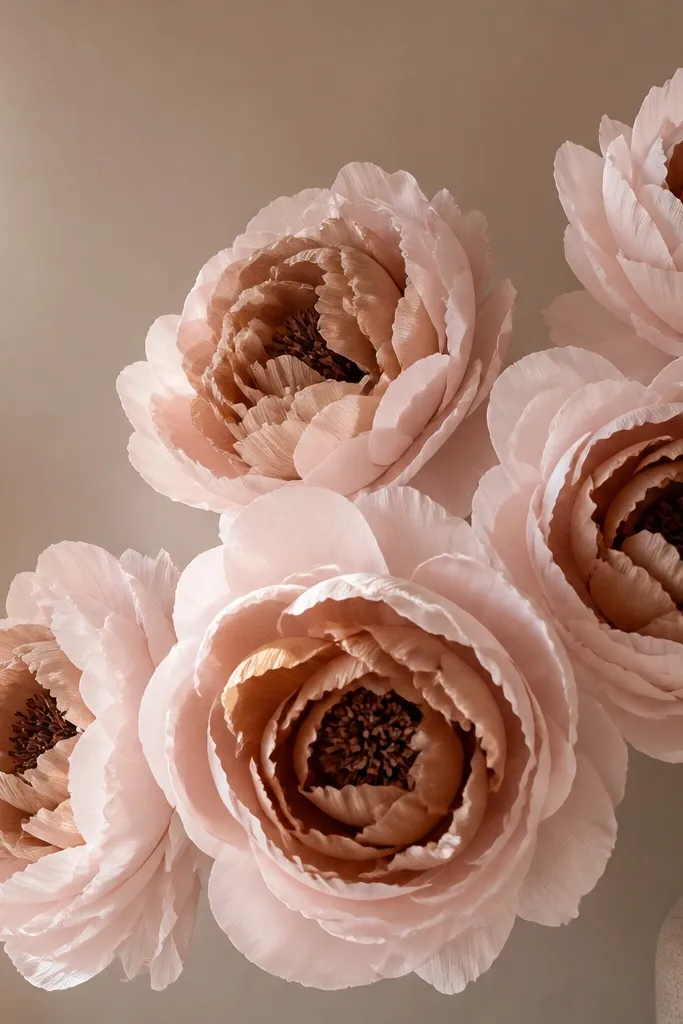 Blush tissue paper flowers with mocha-colored inner petals and chocolate-tinted centers. The wall has a warm neutral palette and the blooms look full and rounded.