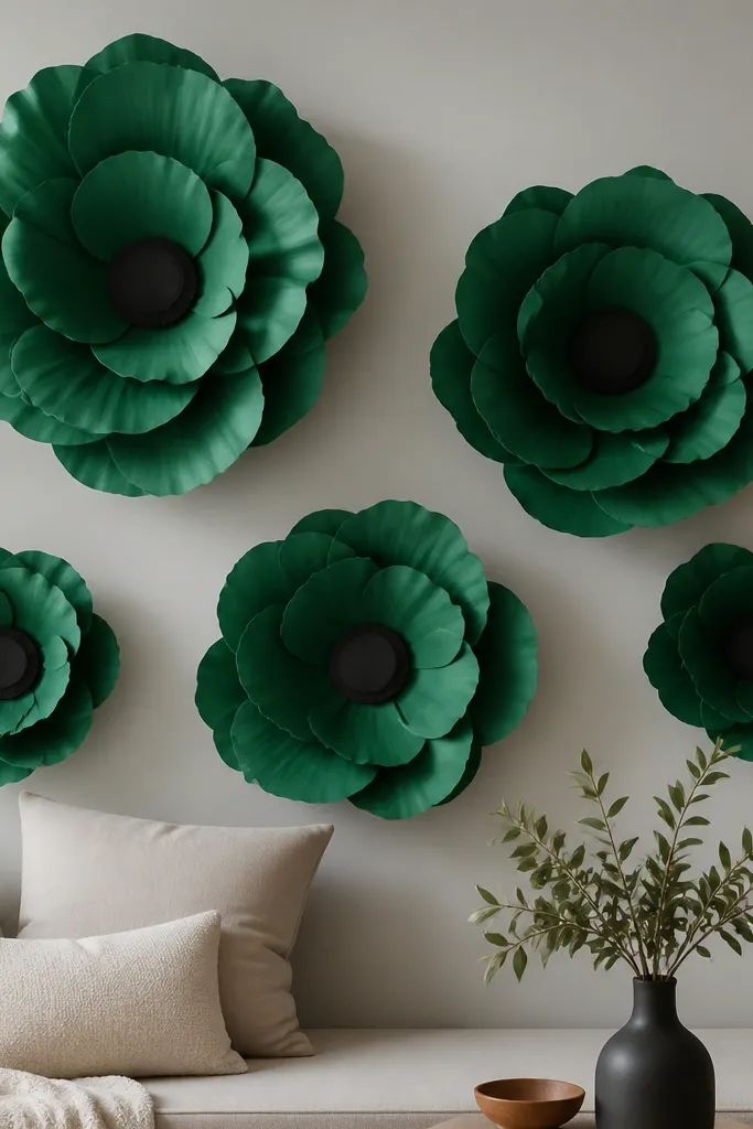 Emerald green tissue paper flowers with matte black centers shaped like disks. The petals are layered and slightly curled, and there are fewer, larger blooms on the wall with clean spacing.