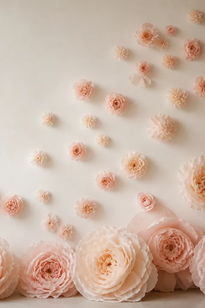 A wall where medium and small champagne rose tissue flowers float in a curved line, with larger blooms anchored at the bottom. The overall look is airy and layered, with visible negative space.