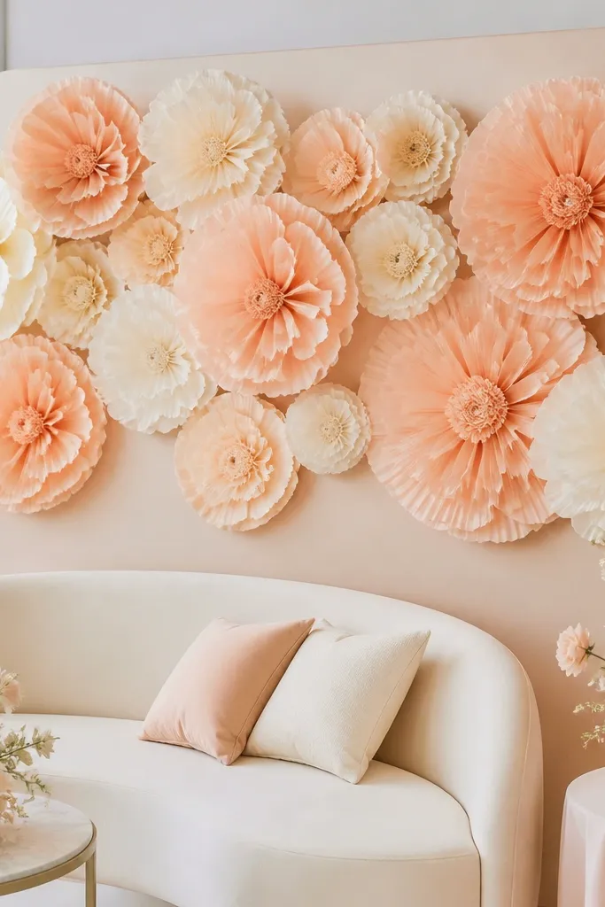 Peach and cream tissue paper flowers with petal fans that look layered and full. The wall shows large blooms with neat edges, and the stems are hidden behind a smooth backing panel.