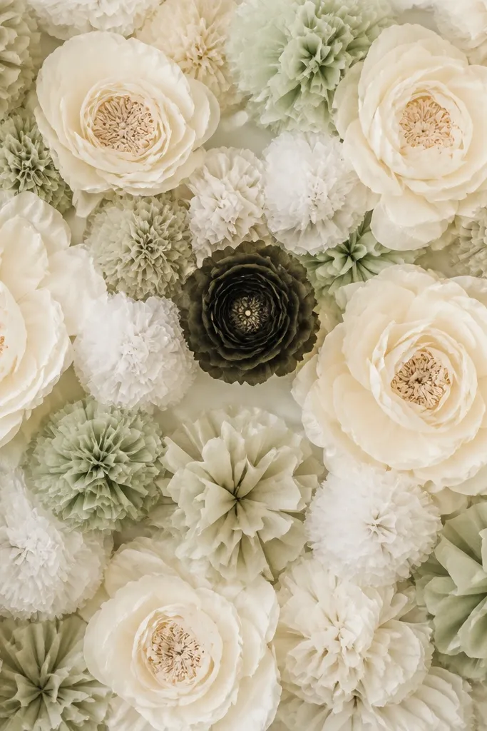 A mostly ivory and sage tissue flower wall with clusters that look like bouquets. One single dark accent bloom sits near the center, and the rest are light-toned with tight centers.