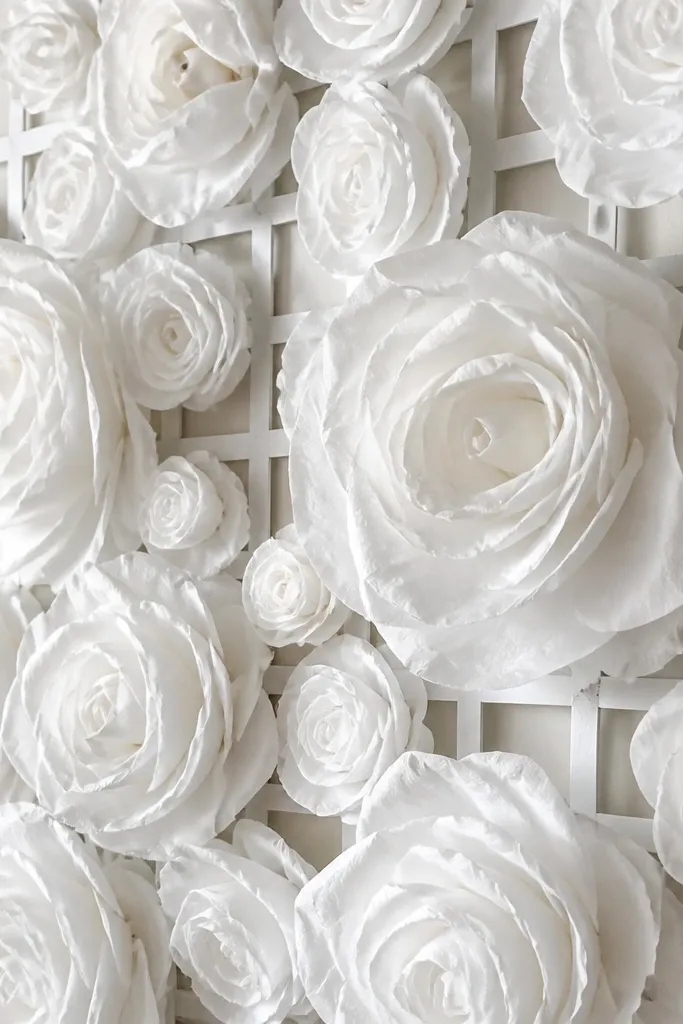 A white tissue rose wall mounted on a visible paper lattice or grid backing. The lattice creates subtle shadows behind the flowers, and the blooms are arranged in overlapping clusters.