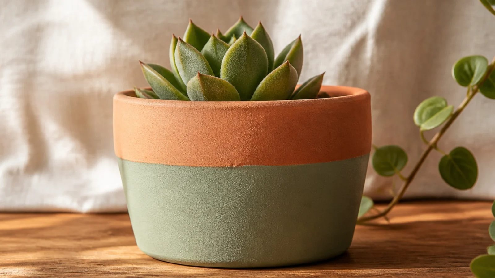 A tiny terracotta pot with the bottom half painted a soft sage green in one clean horizontal line, the top left bare terracotta, holding a small succulent.