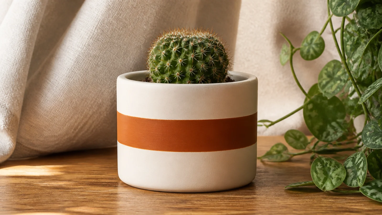A cream mini pot with a single thick terracotta stripe wrapping horizontally around the middle, a tiny cactus inside.