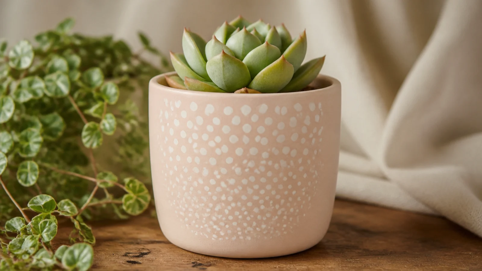 A pale blush mini pot with a small cluster of evenly sized white dots gathered on the front, fading out toward the edges, holding a small succulent.