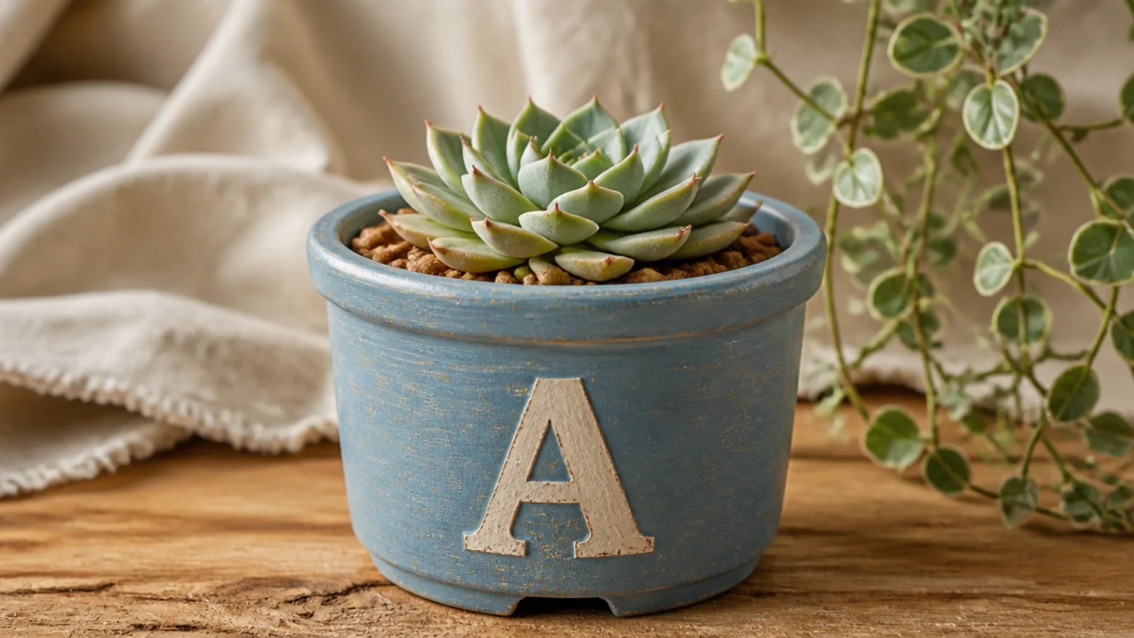 A dusty-blue mini pot with a single large cream block letter centered on the front panel, holding a tiny succulent.