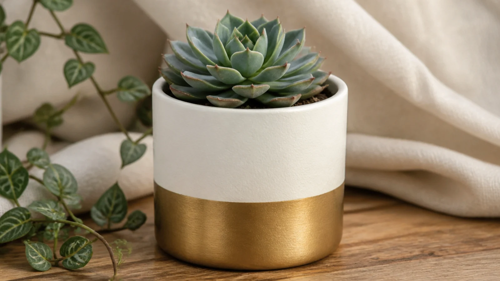 A white mini pot with the bottom third dipped in metallic gold in a clean level line, holding a small rosette succulent.