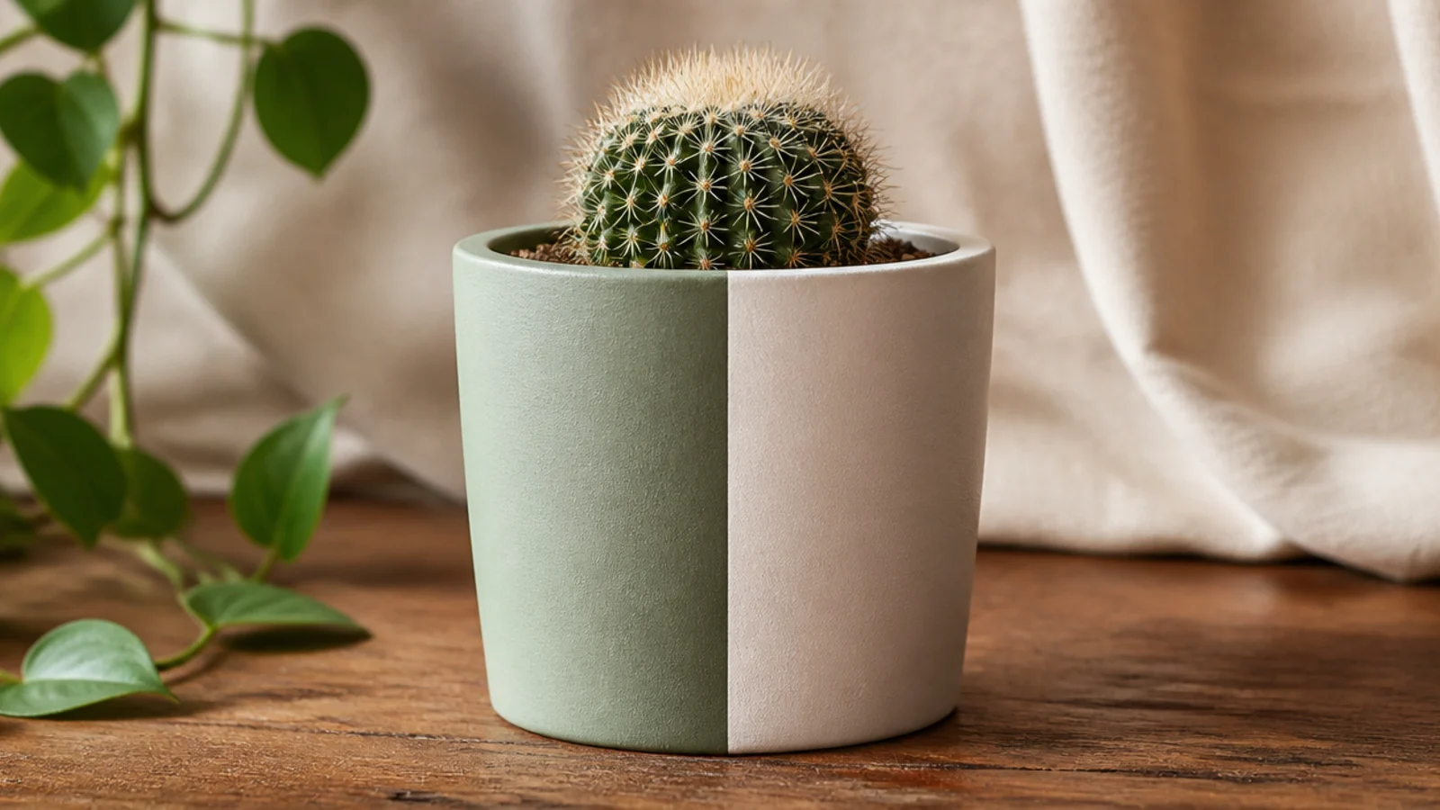 A mini pot split vertically into two colors, sage on the left half and cream on the right, divided by one clean straight line down the front, holding a small cactus.