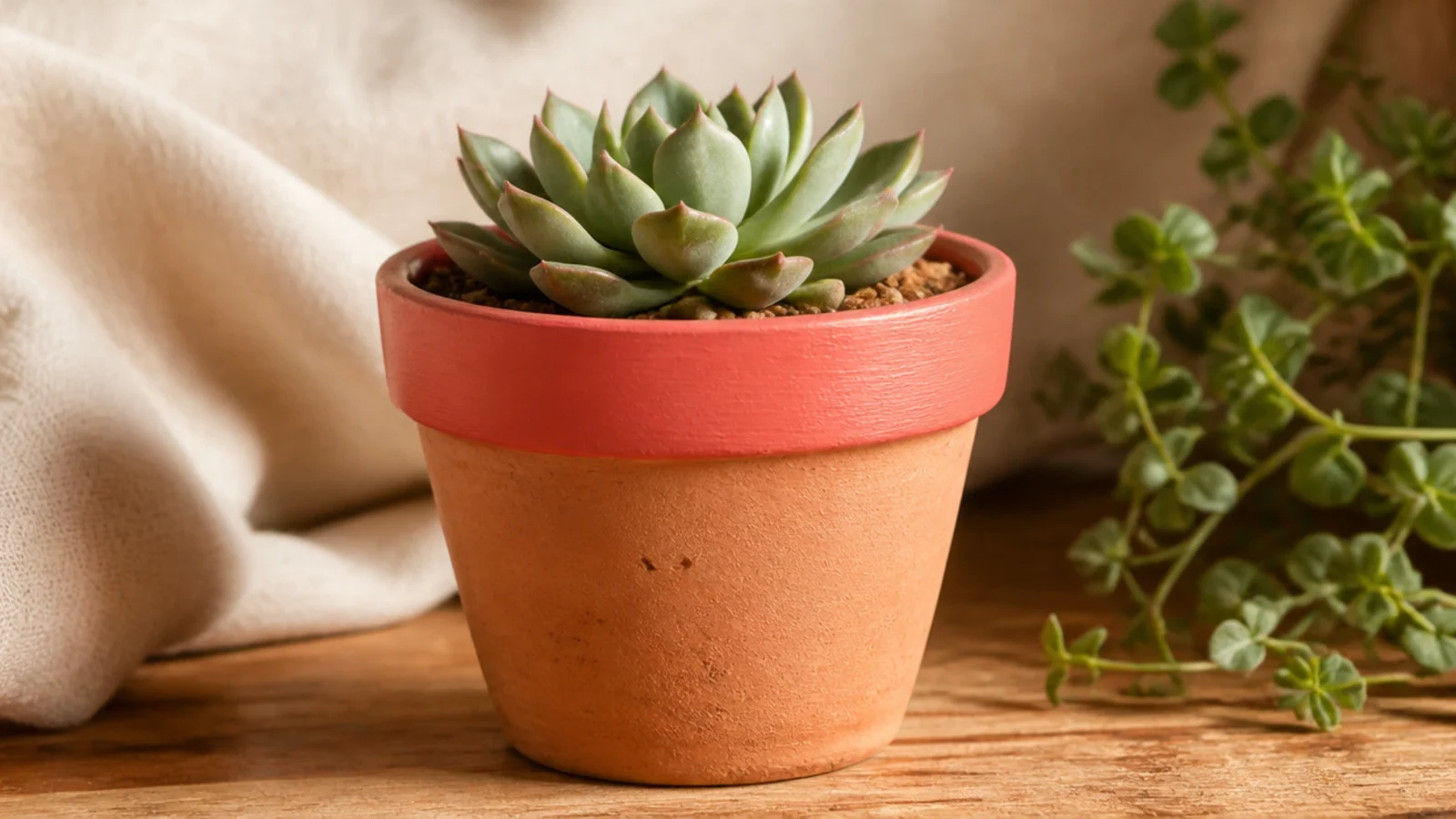 A natural terracotta mini pot with only the flared top rim painted a cheerful coral, the body left bare, holding a small succulent.