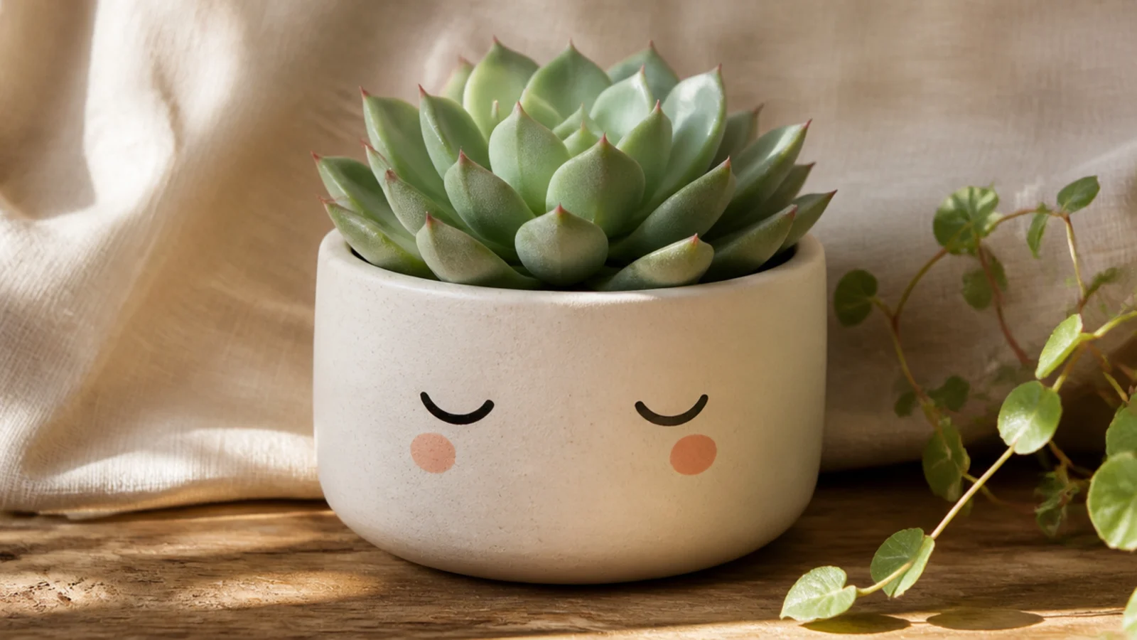 A cream mini pot with a tiny minimalist face - two closed curved-line eyes and small pink cheeks - painted on the front, holding a small succulent that looks like hair.