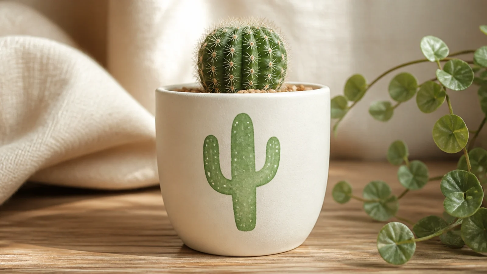 A cream mini pot with a single simple sage-green cactus silhouette painted on the front, holding a tiny real cactus.