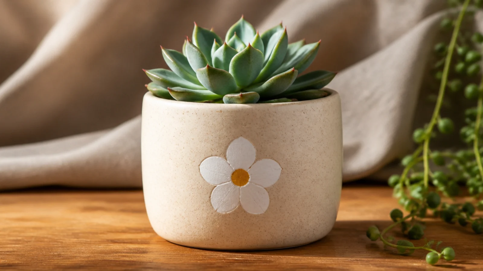 A pale pot with a single five-petal dot flower - white petals around a yellow center - painted on the front, holding a small succulent.