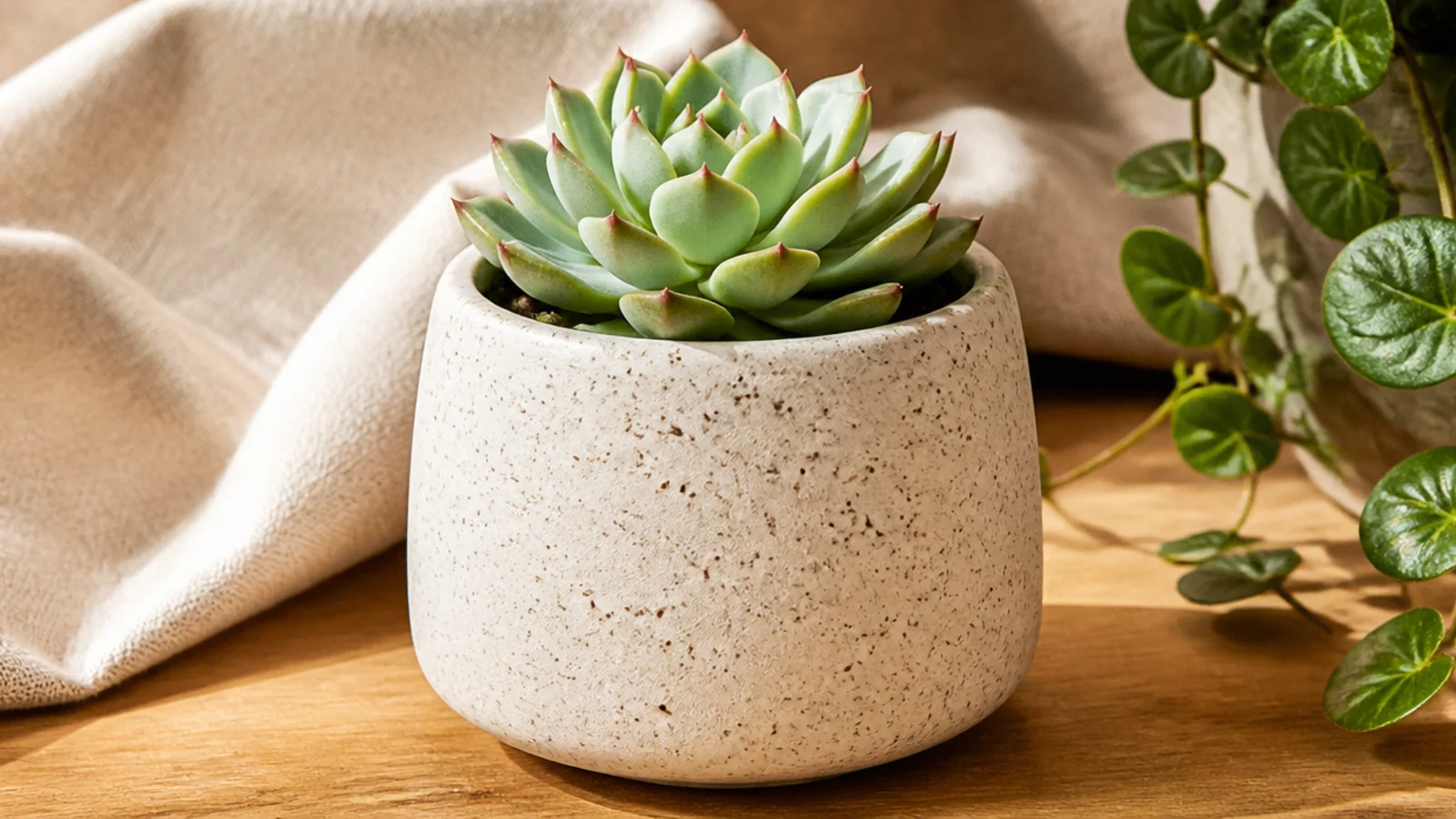 A white mini pot covered in fine, evenly scattered dark brown speckles like tiny handmade stoneware, holding a small succulent.