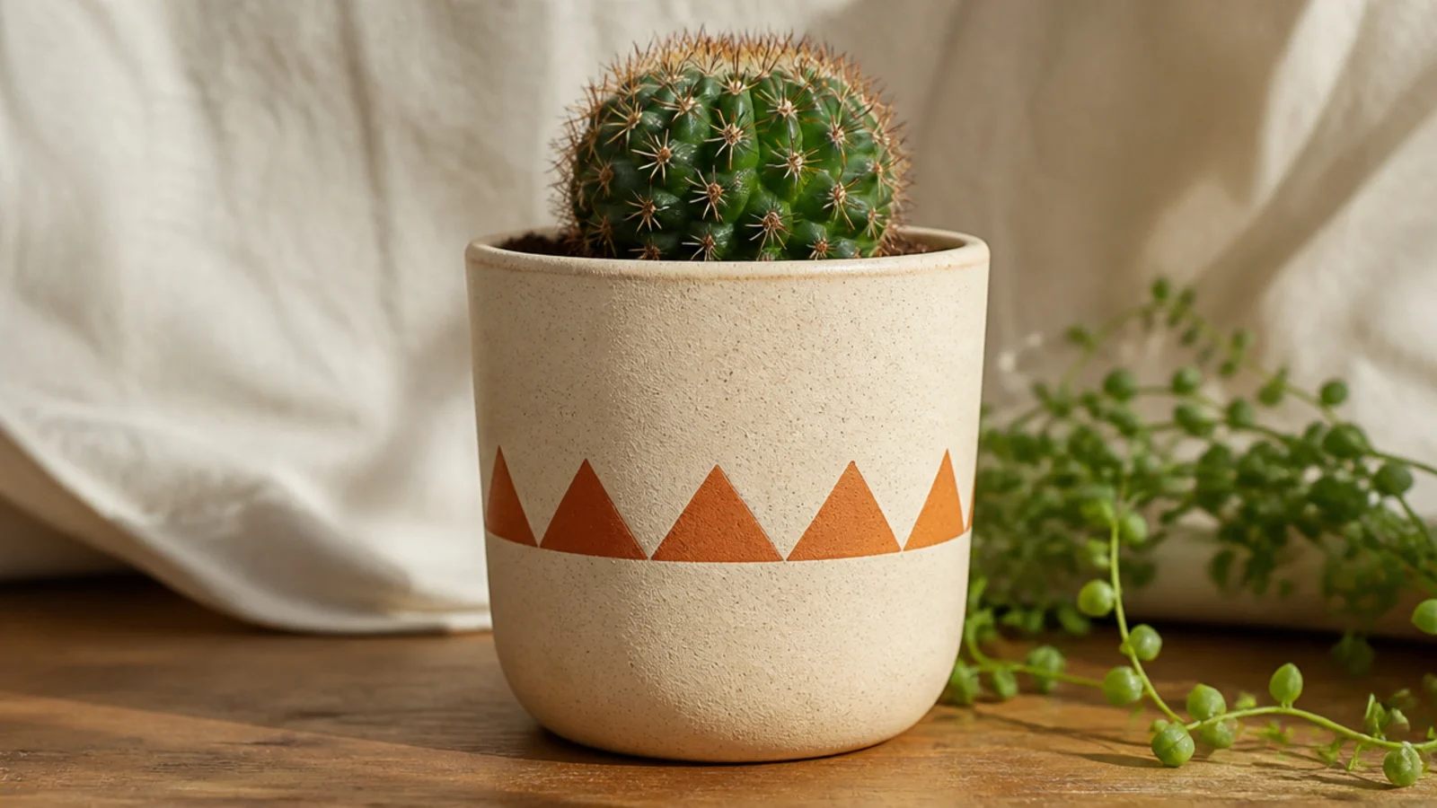 A cream mini pot with a single row of small terracotta triangles pointing up around the middle, holding a small cactus.
