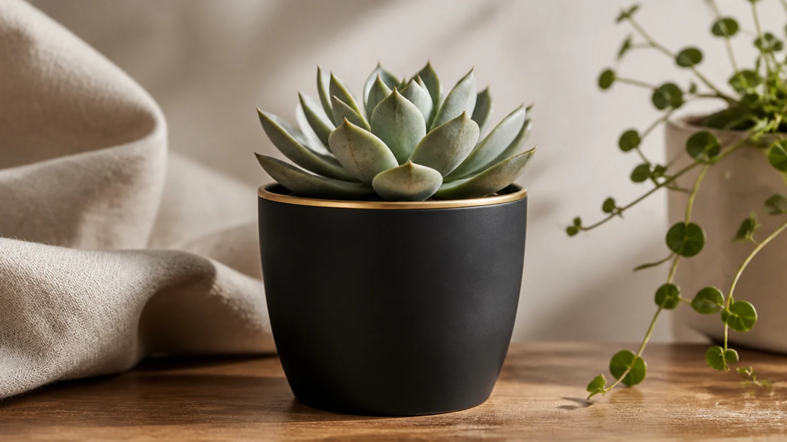 A matte black mini pot with a single thin crisp metallic gold line drawn around the very top edge of the rim, holding a small succulent.