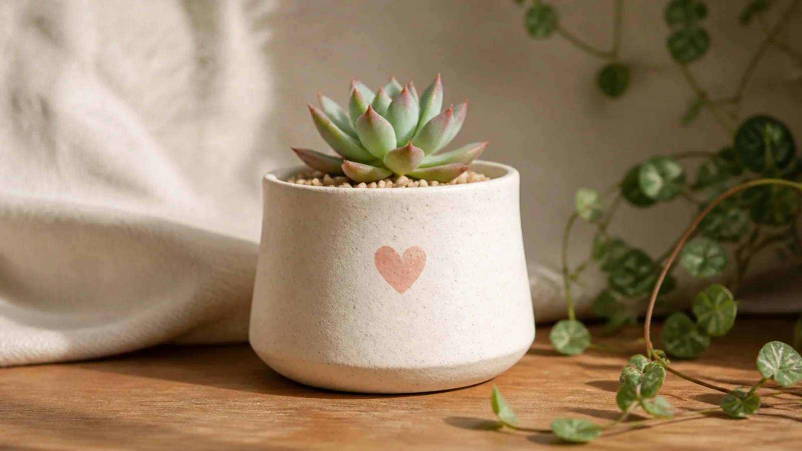A cream mini pot with one small blush heart painted on the front, holding a tiny succulent.