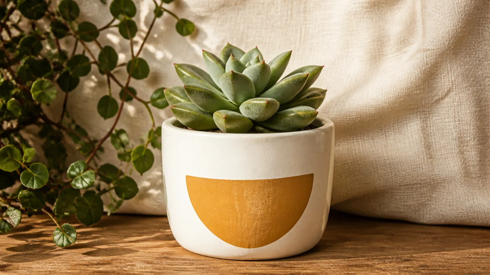 A white mini pot with a single mustard half-moon arc painted on the front-facing side, holding a small succulent.