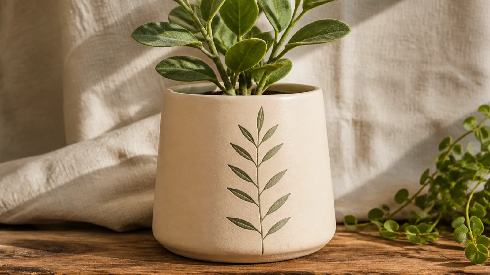 A cream mini pot with a single delicate olive-green leaf sprig - a thin stem with small paired leaves - painted up one side of the front, holding a small plant.