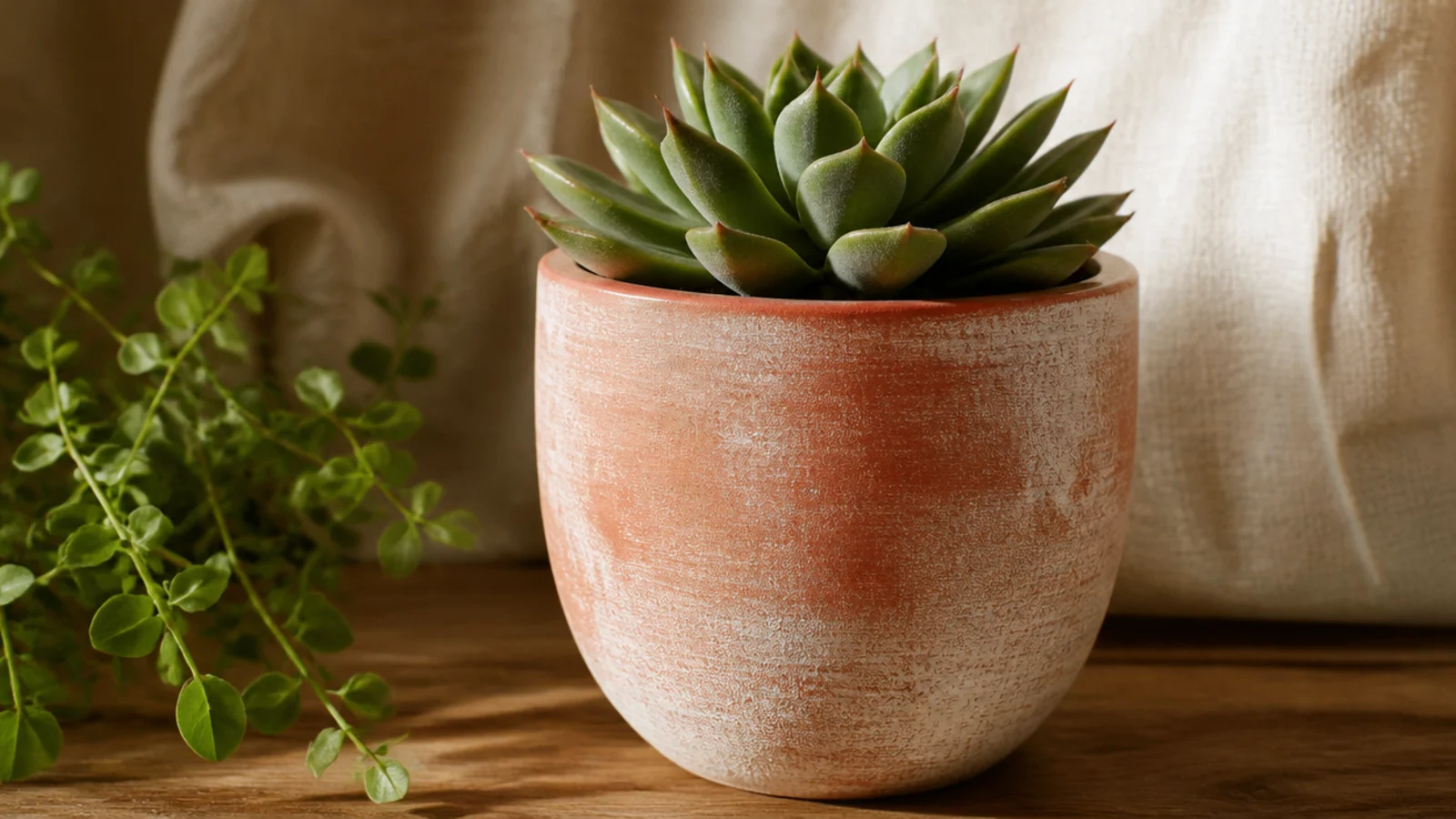 A terracotta mini pot with a thin sheer white wash that lets the clay texture and warm tone show through softly, holding a small succulent.