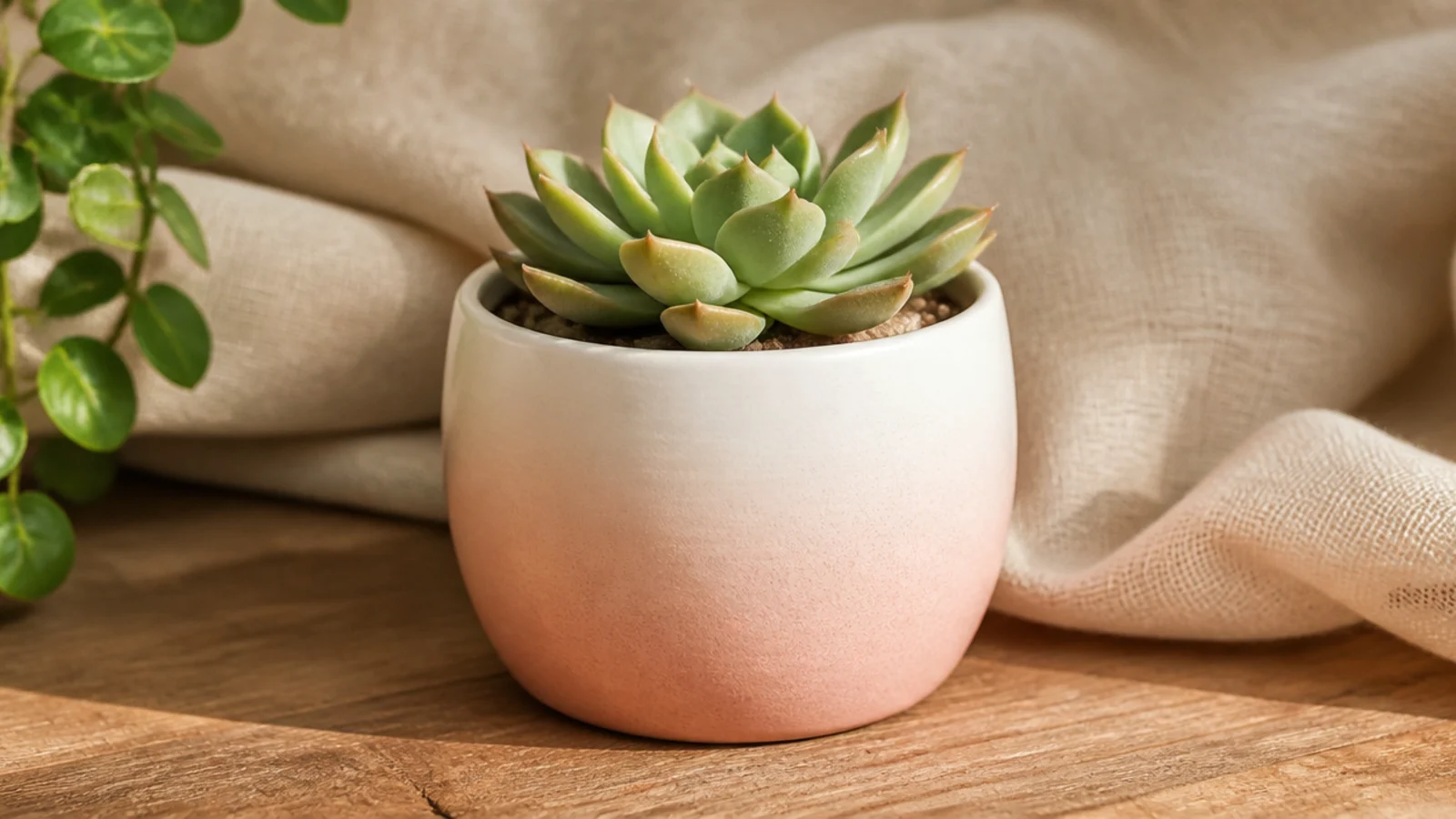 A mini pot with a soft blush-to-white gradient, blush concentrated at the bottom and fading upward, holding a small rosette succulent.