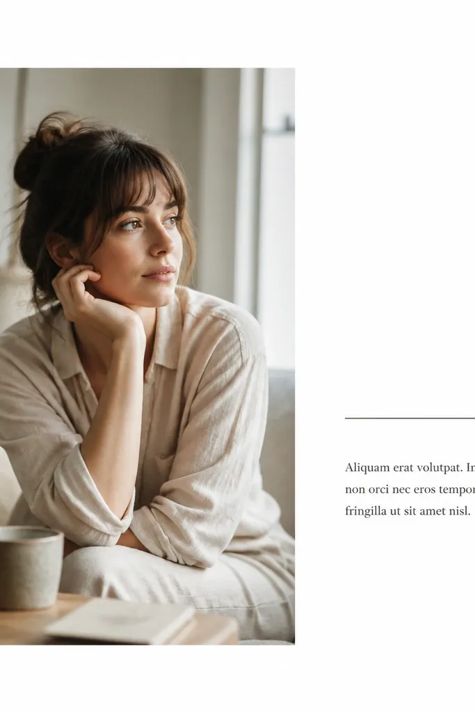 A photo shifted slightly left inside a white background, with a vertical text block on the right containing a title and a short subtitle, separated by a thin line.