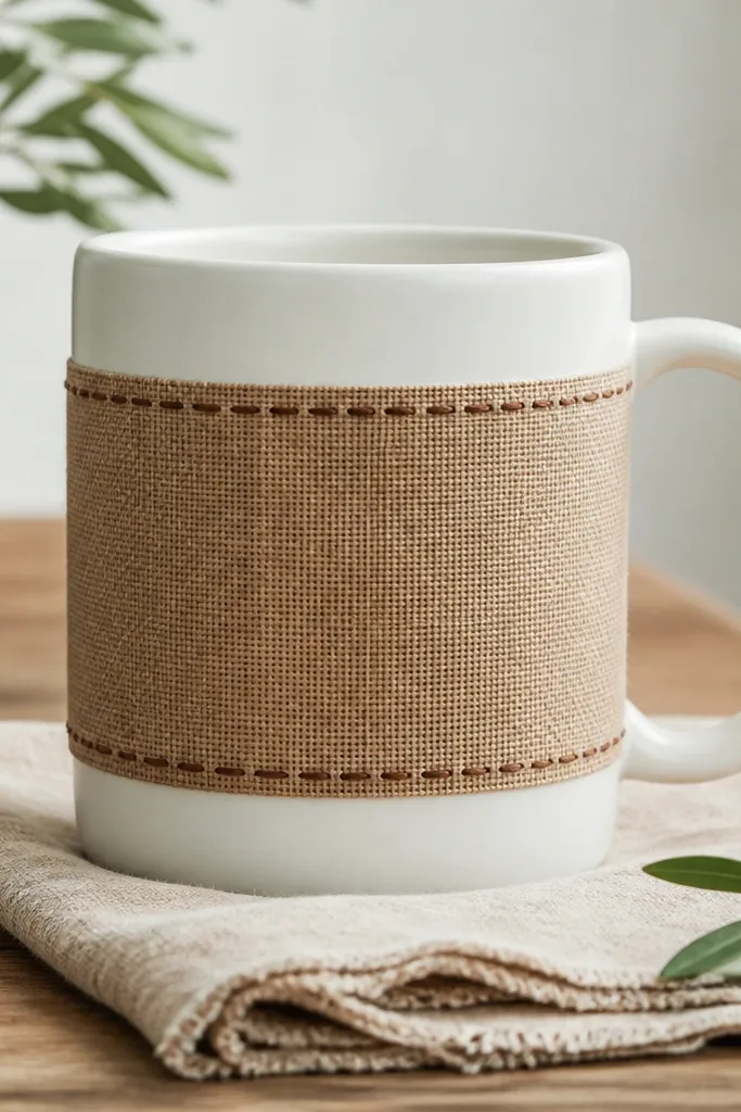 A tan ceramic mug wrapped in a printed coffee-sack style band across the middle, with faux stitching lines running top and bottom. The rest of the mug stays white and the band has a slightly textured look.
