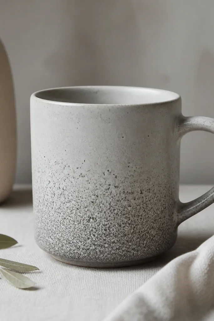 A light gray mug with a gritty, clay-slip speckle pattern concentrated near the base and fading upward. The speckles look like tiny dots in darker gray and charcoal.