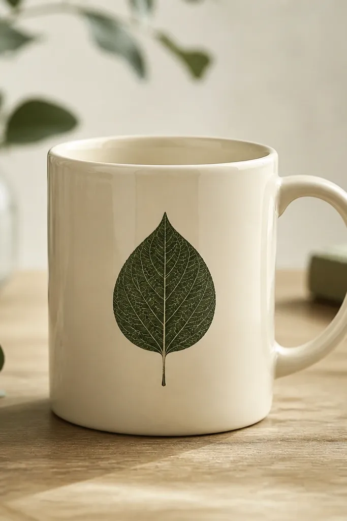 A cream mug with a single dark green leaf silhouette on one side, and a faint vein pattern visible. The rest of the mug is plain with a glossy clear finish.