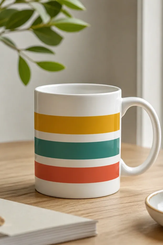 A white mug with three bold horizontal stripes: mustard, teal, and red. The stripes are perfectly straight and evenly spaced, with clean edges.