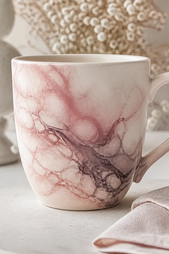 A pale pink and cream mug with marbled swirls in dusty rose and charcoal, like smoke patterns. The swirls are concentrated on the center and fade out toward the sides.