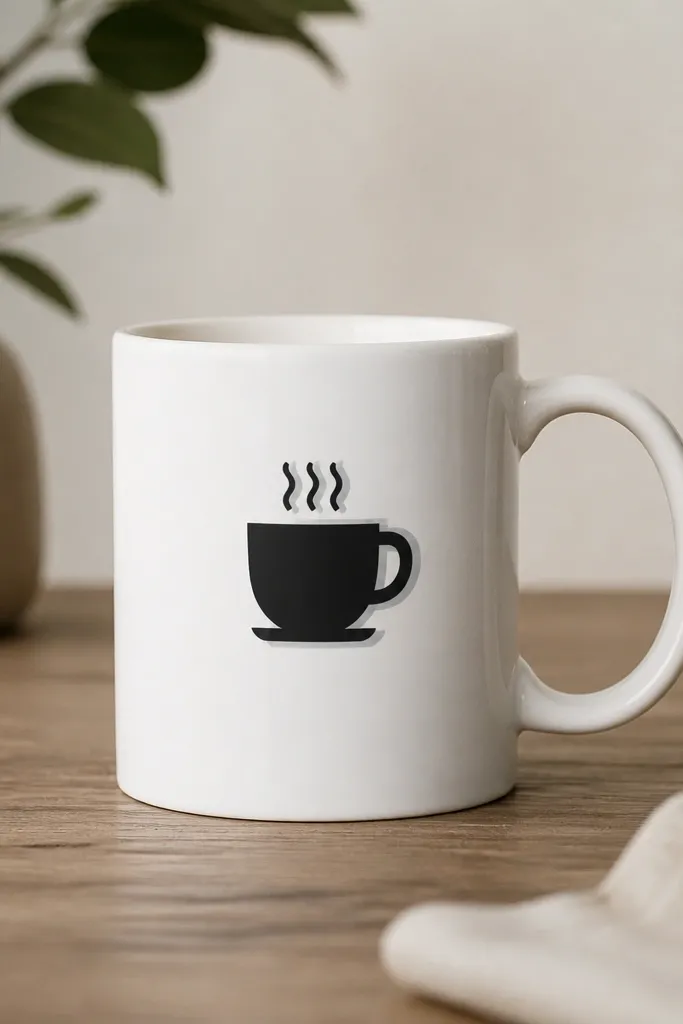 A mug with a simple black coffee cup icon in the center. There's a subtle offset gray shadow behind it, creating a slight 3D effect.