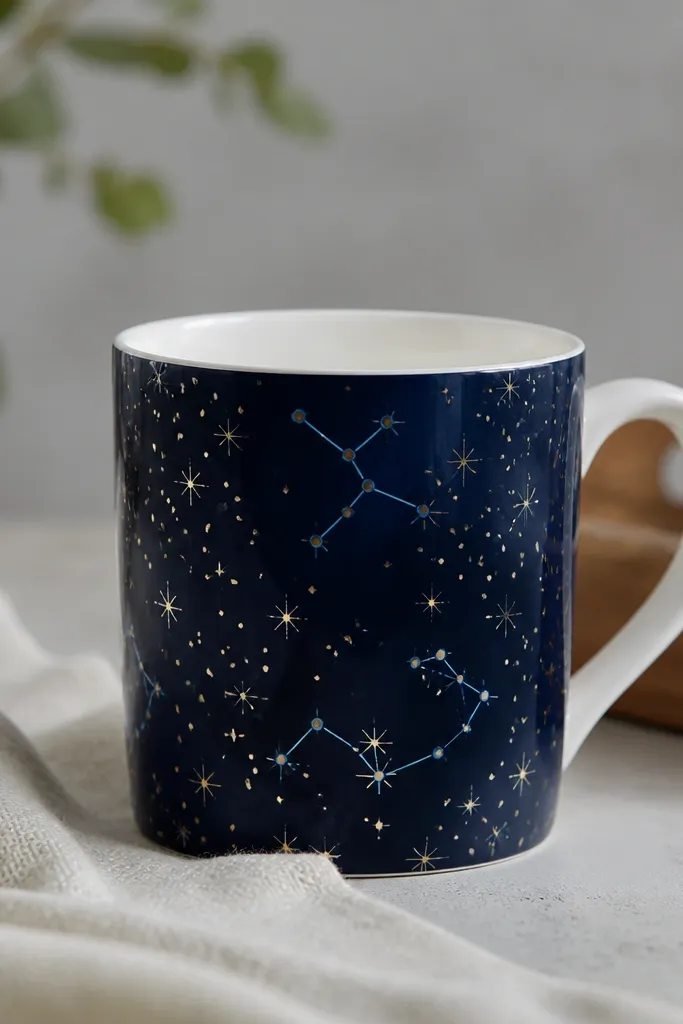 A dark navy night-sky mug with scattered tiny gold dots and a few connected constellation lines in light blue. The handle and rim are left plain white.