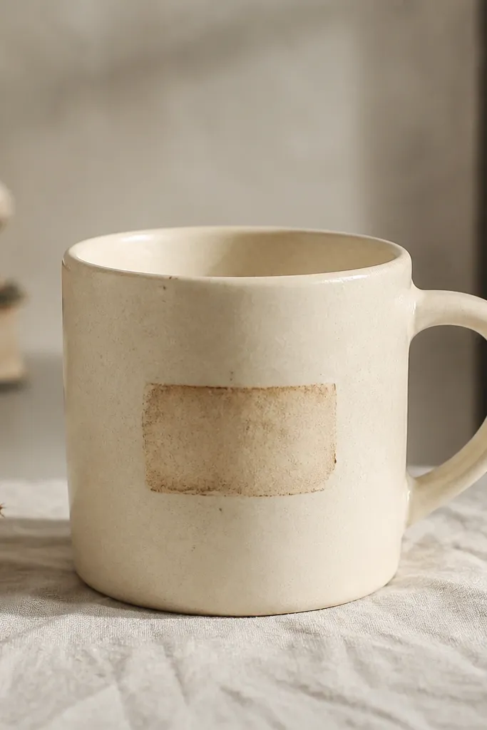 A cream mug with a small rectangular block of faded text on the side. The text looks like it's been aged, with a soft brown stain around the edges.