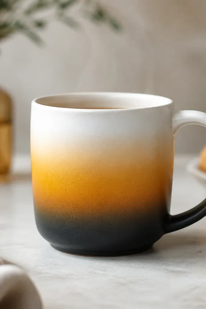 A white mug with a bottom-to-top ombre fade from deep charcoal at the base to marigold in the middle and fading to white near the top.