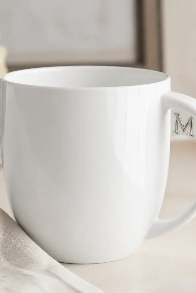 A white mug with a silver monogram placed along the inside curve of the handle. The rest of the mug is plain, and the silver looks reflective.