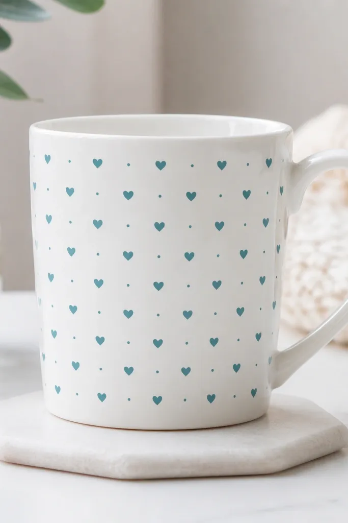 A mug with a repeating pattern of tiny hearts and dots in teal. The pattern looks crisp, with clean edges and even spacing.