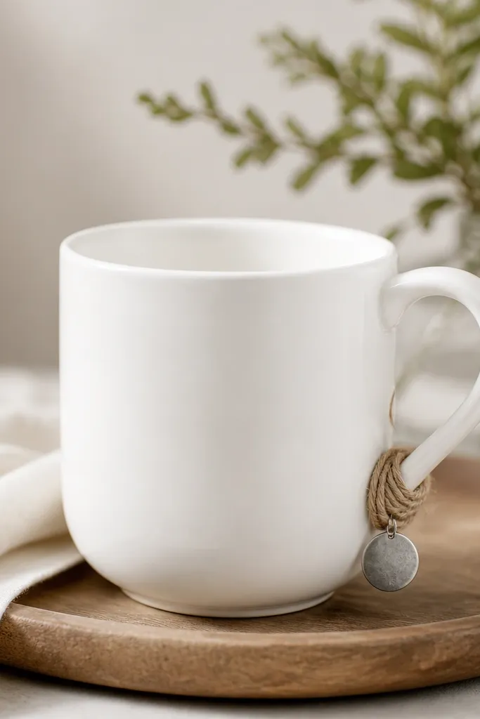 A mug with a thin natural jute cord wrapped around the handle base, and a small metal tag charm dangling near the mug side. The mug itself stays white.