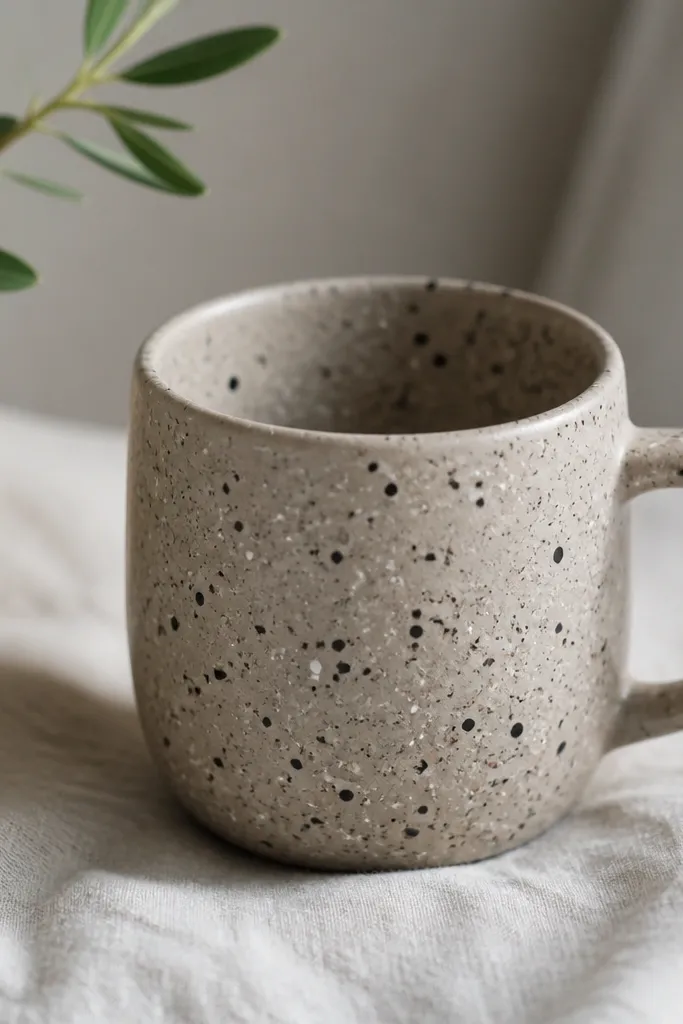 A speckled mug with terrazzo-like dots in white, black, and taupe. The dots look slightly raised and glossy against a matte base.