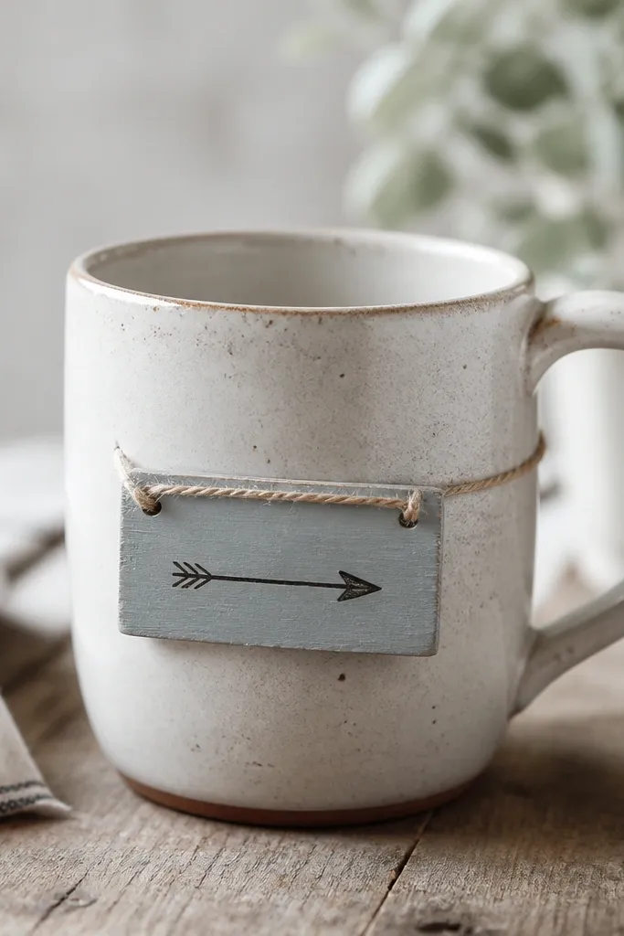 A mug with a small rectangular sign painted in pale blue-gray, hung on a short piece of rope across one side. The sign has a simple word and a tiny arrow.