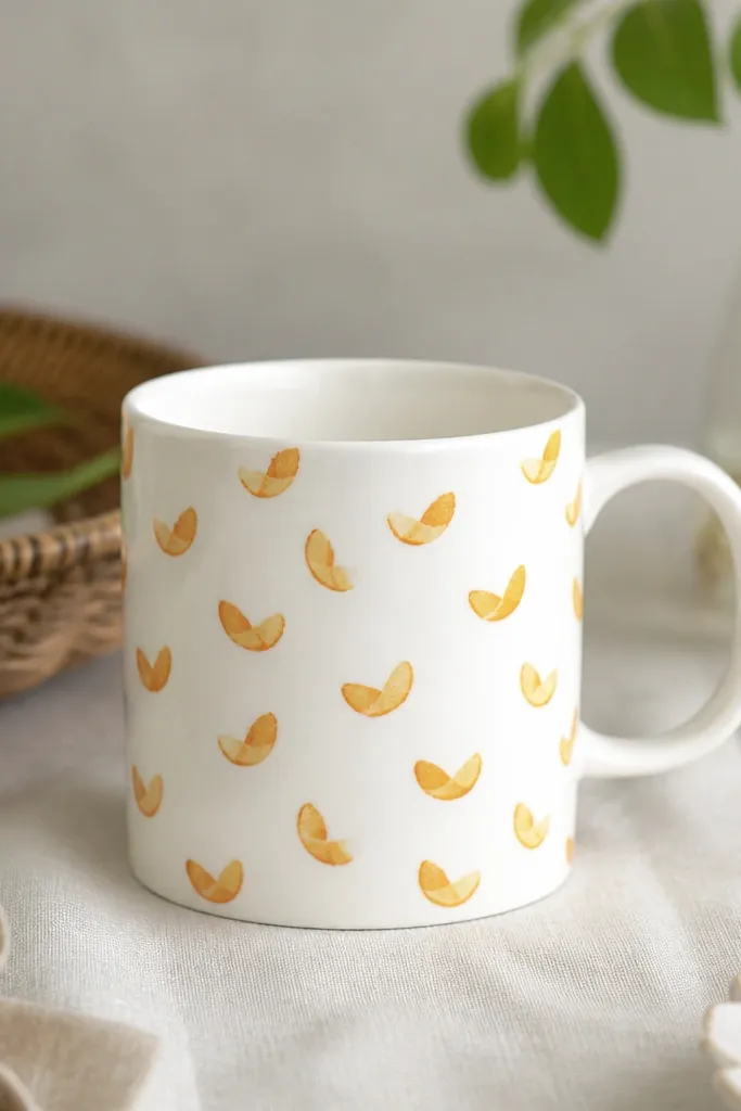 A white mug with a repeating pattern of tiny orange peel shapes in warm orange and pale yellow. The pattern looks stamped, not drawn.