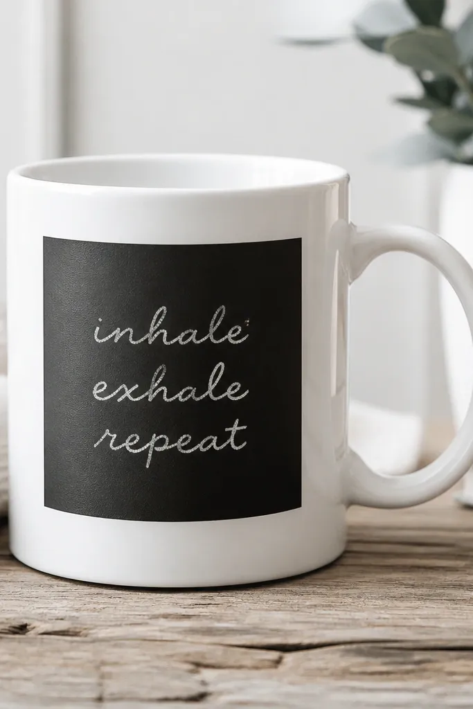 A matte black rectangle on a mug with a short white quote written in chalky script. The rest of the mug is white and glossy.