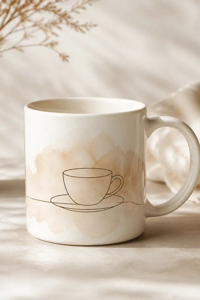 A mug with a single thin-line coffee cup outline in dark brown. Behind it is a soft watercolor wash in cream and light tan, with edges that look gently blended.