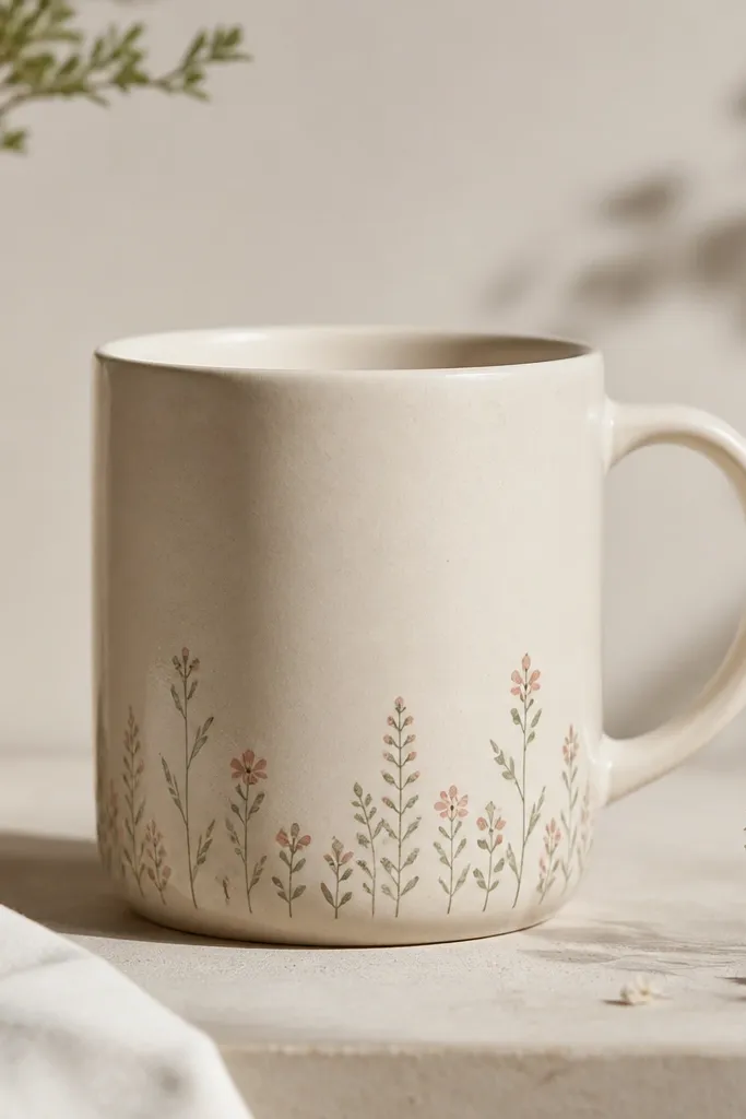A creamy oat-milk colored mug with small tiny botanical sprigs painted in muted sage and dusty rose along the lower edge. The rest of the mug stays plain.