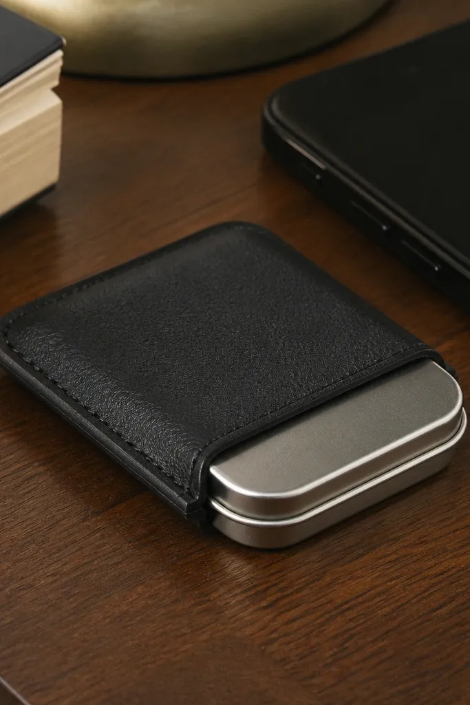 Black leather sleeve with a smooth folded edge and subtle topstitch.