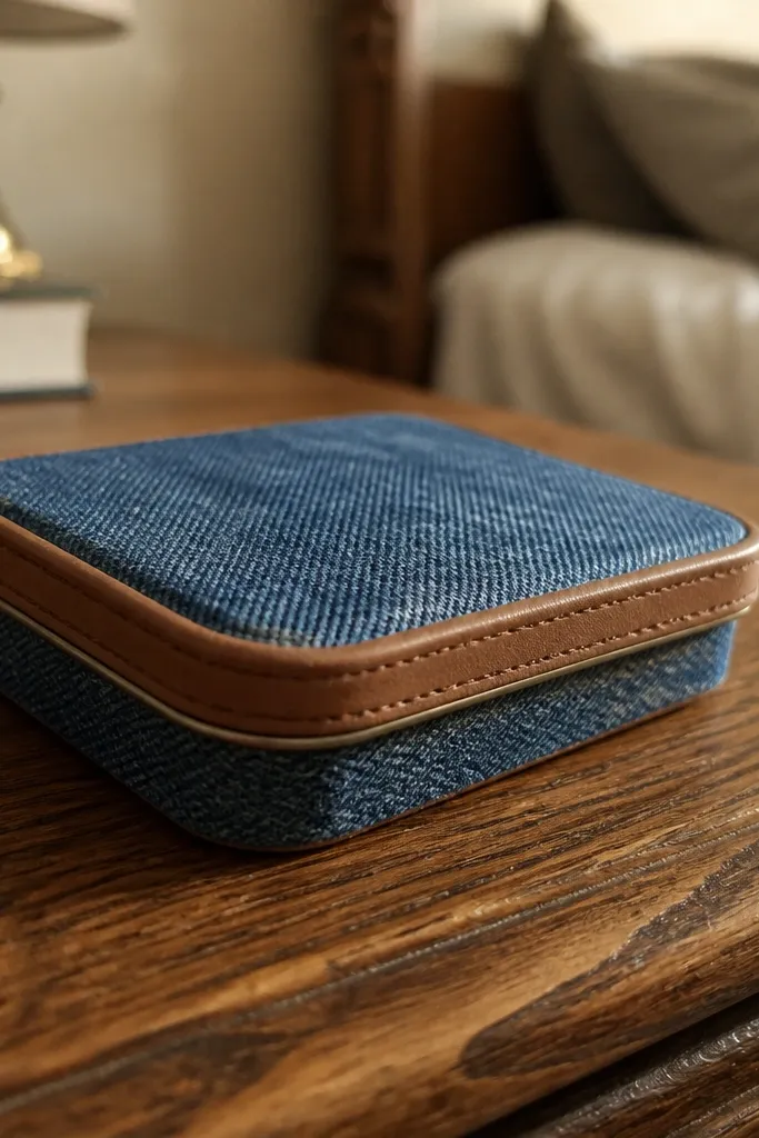 Blue denim cover wrapped around tin with a thin tan leather border.