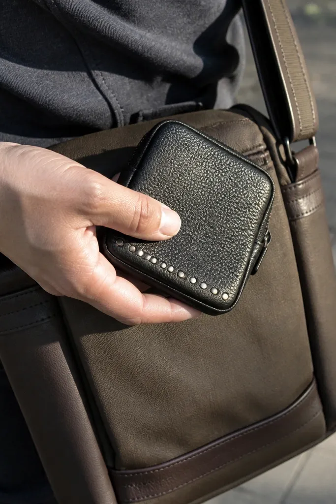 Textured faux leather sleeve with a thin row of small silver studs.