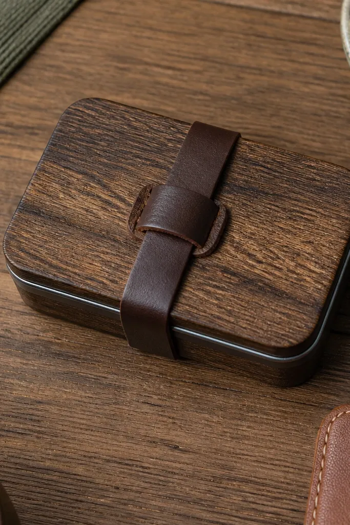 Woodgrain patterned cover with a tan leather strap holding the tin closed.