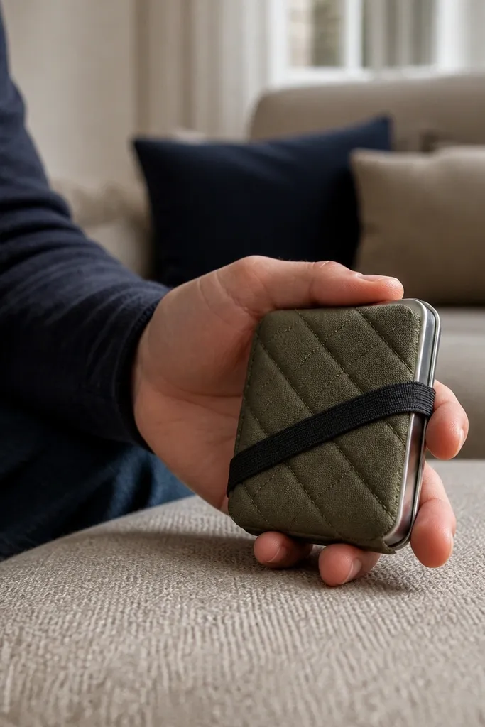 Quilted fabric cover with a slim elastic band across the front.