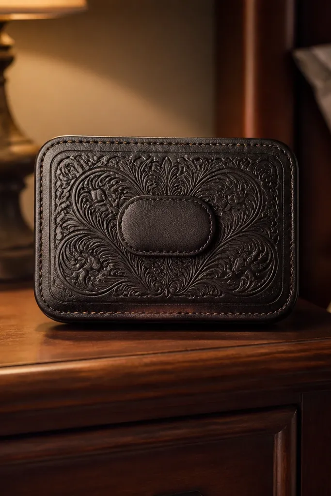 Embossed vegan leather cover with a centered bar magnet closure.